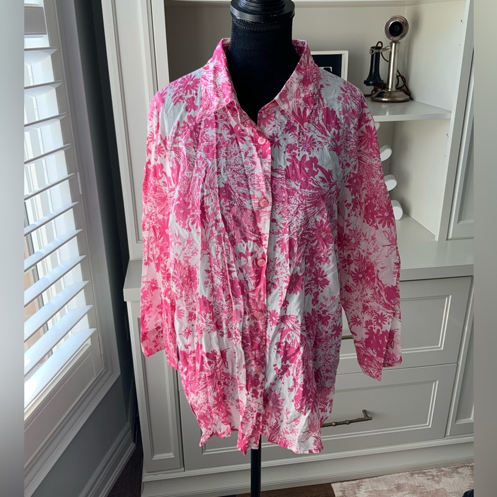 Vintage LIZ CLAIBORNE FIRST ISSUE Pink & White Button Up Cotton Blouse SZ Large
